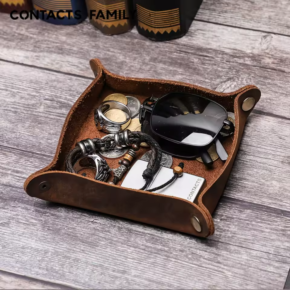 Full-Grain Leather Snap Tray, Square