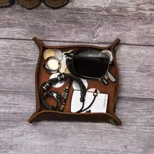 Full-Grain Leather Snap Tray, Square